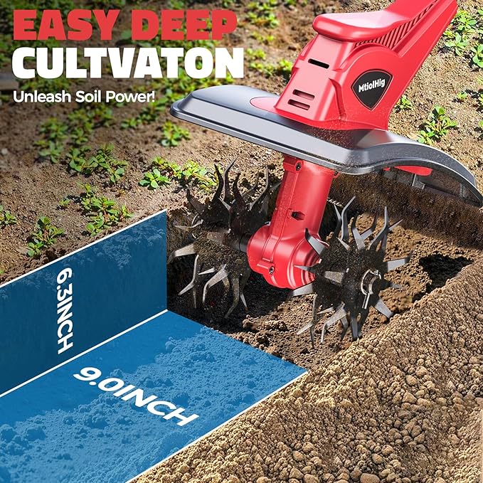 Cordless Tiller Cultivator Compatible with Milwaukee 18V: MtiolHig Tiller for Gardening 360RPM Electric Garden Tiller, Brushless Rototiller 9" Width 6.3" Depth for Lawn/Soil Cultivation (No Battery)
