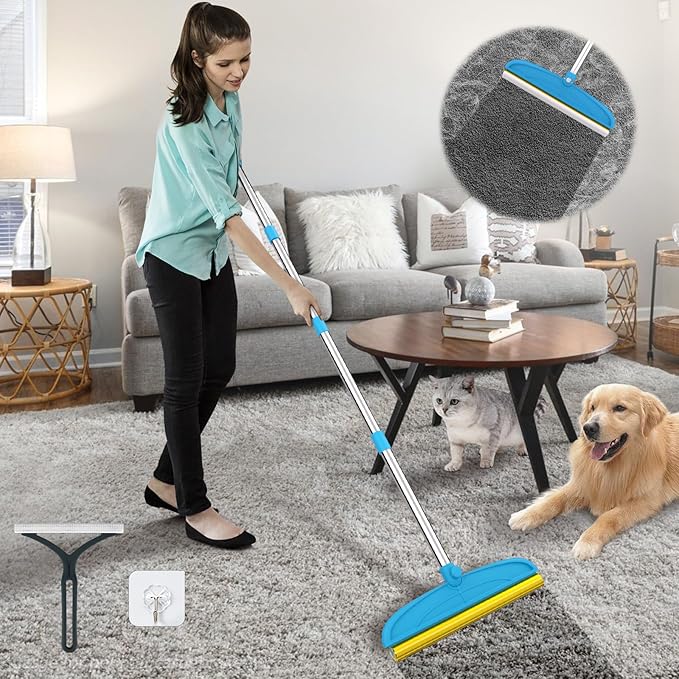 Carpet Rake for Dog Hair Remover: 2 in 1 Reusable Pet Hair Remover – 60‘’ Adjustable Long Handle Carpet Removal Tool for Dog Cat Human Hair – Carpet Scrape Cleaning for Rug Couch Bed