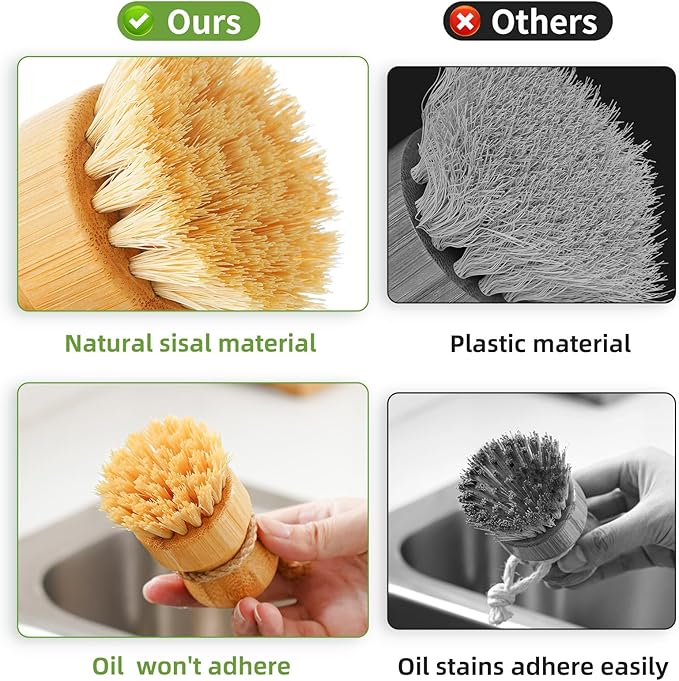 SUBEKYU Bamboo Dish Scrub Brushes, Kitchen Wooden Cleaning Scrubbers Set for Washing Cast Iron Pans/Pots, Set of 3