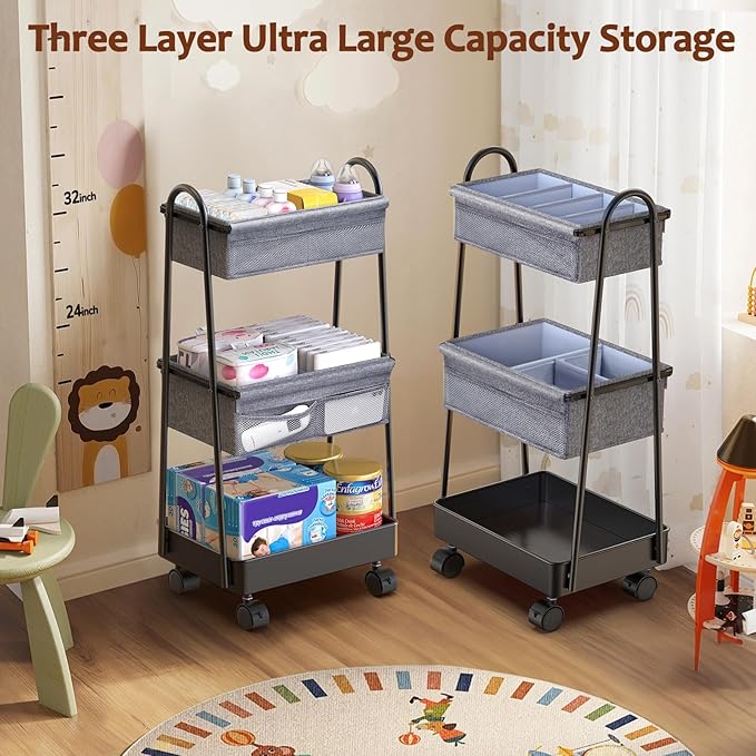 3 Tier Rolling Cart - Baby Diaper Caddy Organizer, 3 Tier Utility Cart Newborn Baby Nursery Essentials, Large Capacity, Easy to Assemble, Storage for Bedroom, Changing Table & Crib