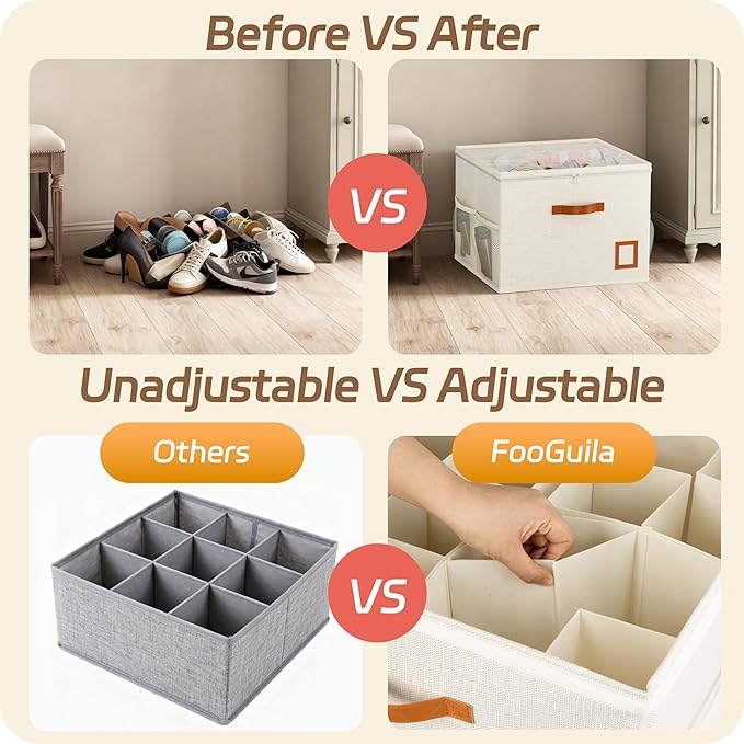 Shoe Organizer for Closet, 2 Pack Foldable Shoe Storage Organizer Box with Adjustable Dividers and Clear Cover, Space Saving Shoe Box with Reinforced Handles, Fits 16-32 Pairs, White