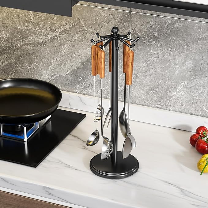 Kitchen Countertop Utensil Holder, Stainless Steel Rotatable Cooking Utensils Holder with 8 Rotating Hooks, Hanging Organizer for Spoon, Spatula, Black