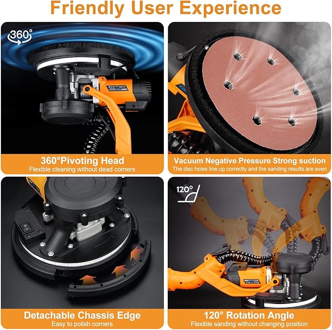 Electric Drywall Sander, 2200RPM Drywall Sander with Vacuum, 1000W Automatic Dust Collector with LED Light, Foldable Popcorn Ceiling Removal Tool with 6 Variable Speed &15Pcs Sanding Discs