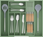 Bamboo-Silverware-Drawer-Organizer-Kitchen, Expandable Utensil Holder Cutlery Tray Flatware Organization Adjustable Wood Tableware Dividers Storage (with Removable Knife Block)(Grayish Green)