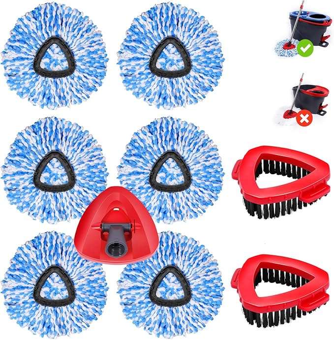 6 Pack Mop Replacement Heads Compatible with Oceda RinseClean 2-Tank System - Includes 2 Mop Scrub Brush Head, Microfiber Mop Refills, Easy Cleaning Mop Head Replacement