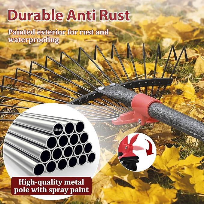 91 Inch Rake for Leaves , Adjustable 18 Tines with Expandable Head 9-18in Grass Rake Heavy Duty Metal Rakes for Women Children Yard Gardener Gardening Grass Debris Lawns