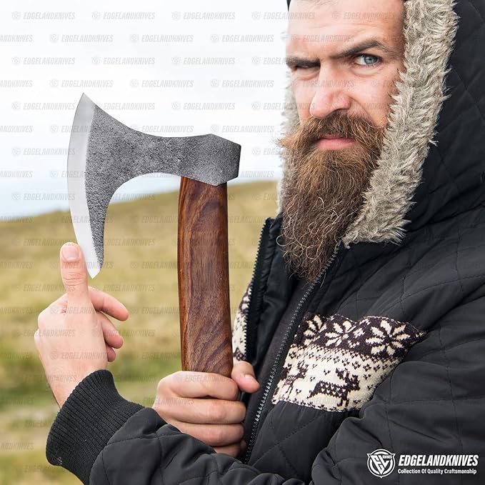 Bearded Viking Axe With Sheath - 16 Inches, Heavy Duty Damascus Head With Durable Rose Wood Handle for Men (EL20)