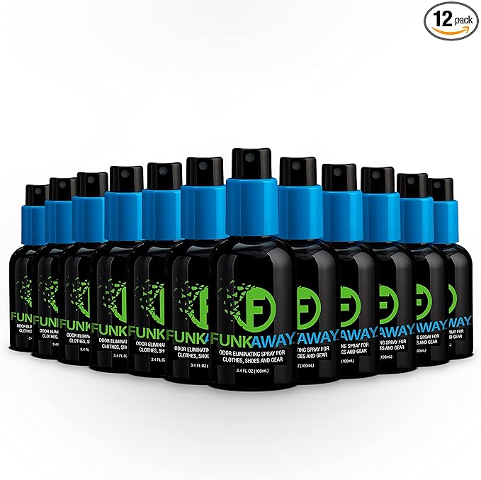 FunkAway Odor Eliminator Spray for Shoes, Clothes and Gear, 3.4 oz., 12 Pack, Non-Aerosol; Mini Size for Travel, Ideal for Gym Bag, Purse, Locker or Suitcase