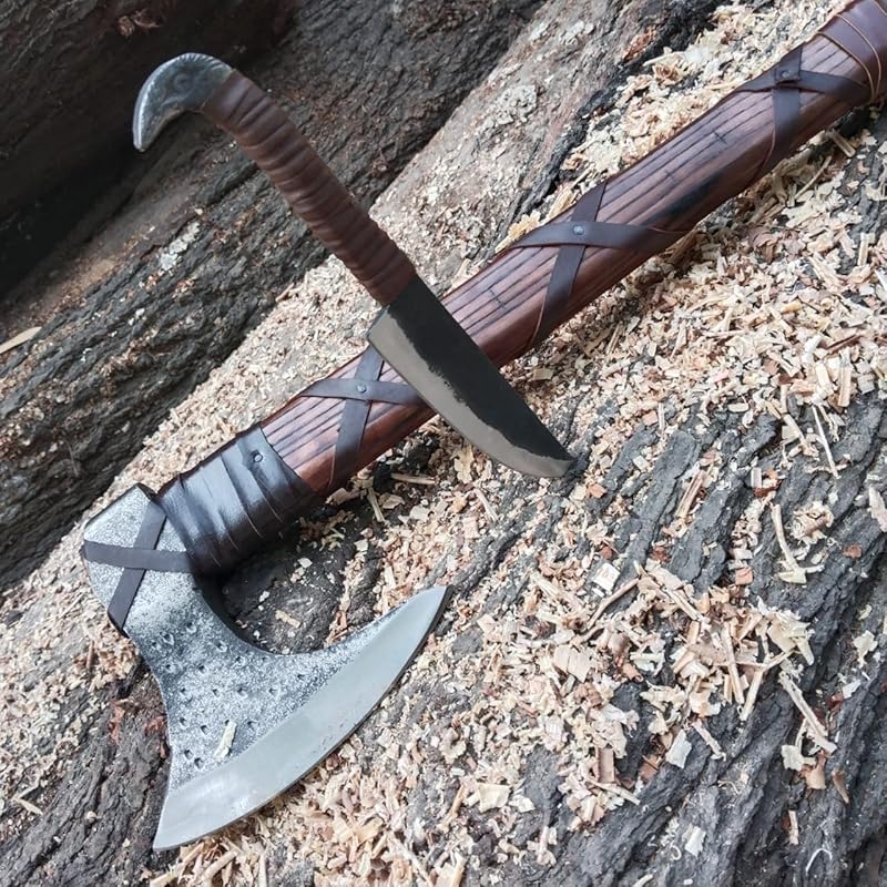 [Viking Cutlery] 27'' Viking Ragnar Axe with Free Odin Forged Knife – Gift Set | Authentic Ragnar Lothbrok Axe – Handcrafted Viking Axe for Camping with Leather Sheath | Ideal Gift for Men