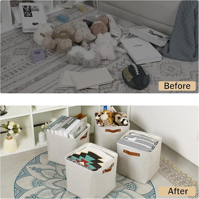 HNZIGE Foldable Cube Storage Bin(4 Pack ) Storage Baskets for Shelves, Closet,12x12 Storage Cube Bins Baskets for Cube Organizer, Fabric Storage Cubes for Storage Home Organization(Cream)