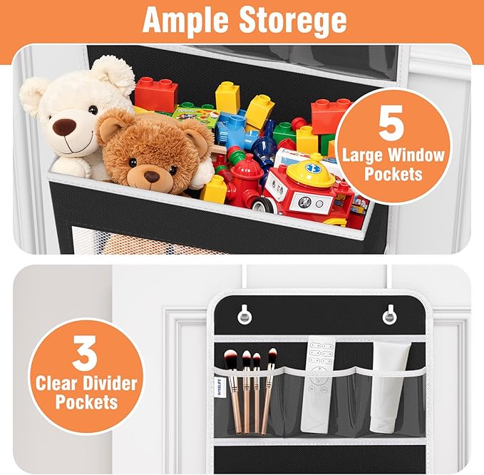 WISELIFE Over the Door Organizer - 6 Shelves Detachable Hanging Bedroom Storage Solution with 5 Large Pockets and 3 PVC Pockets for Dorm Bathroom, Pantry Nursery Baby Essentials (Black)
