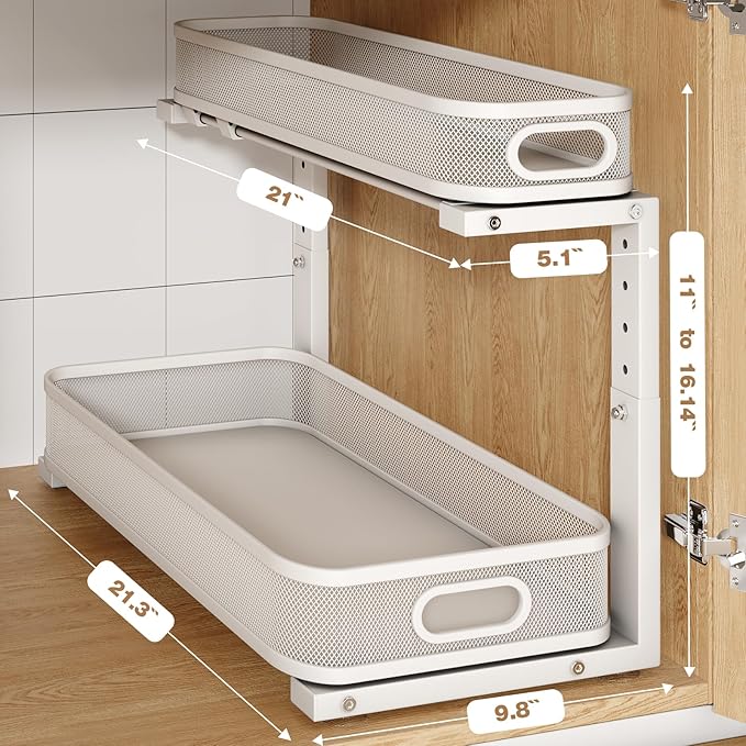 2 Pack 21.3IN-Depth Under Sink Organizer with Smooth Cylindrical Rail,2-Tier Pull Out Multi-Purpose Cabinet Storage for Bathroom&Kitchen,Height Adjustable,Rust-Resistant Coating-White