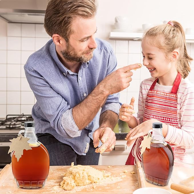 12 oz Maple Syrup Bottles with Loop Handle Black Aluminum Lids and Cotton Twines, Clear Glass Bottles with Maple Tag, Maple Syrup Jars Container Sample Bottles for Gift Juice Milk Sauce Storage (6)