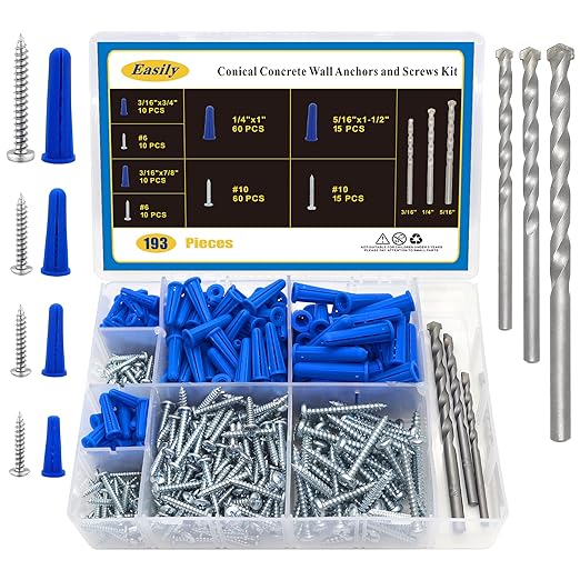 Easily 190 Pcs Wall Anchors and Screws for Drywall, Conical Concrete Wall Anchors and Screws Assortment Kit, Blue Conical Anchor and Self Tapping Screw with 3 Pcs Masonry Drill Bits, Four Sizes
