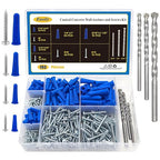 Easily 190 Pcs Wall Anchors and Screws for Drywall, Conical Concrete Wall Anchors and Screws Assortment Kit, Blue Conical Anchor and Self Tapping Screw with 3 Pcs Masonry Drill Bits, Four Sizes