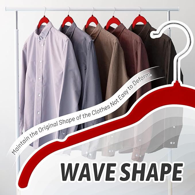 Sishynio Velvet Hangers 50 Pack – Slim Non-Slip Flocked Hangers with 360° Swivel Hook, Space-Saving Closet Organizer for Dresses, Blouses, Coats(Red)