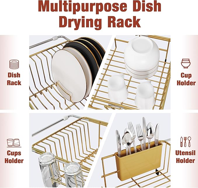 JASIWAY Gold in Sink Dish Drying Rack, Expandable Stainless Steel Small Dish Rack Over Kitchen Sink, Plate Drainer Strainer with Cutlery Holder & Cup Holders, Counter Space Saving Wire Dryer Rack