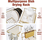 JASIWAY Gold in Sink Dish Drying Rack, Expandable Stainless Steel Small Dish Rack Over Kitchen Sink, Plate Drainer Strainer with Cutlery Holder & Cup Holders, Counter Space Saving Wire Dryer Rack