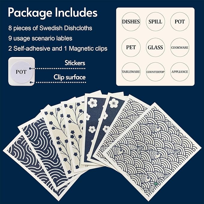 Swedish Dishcloths for Kitchen, 8 Pack Japanese Pattern Reusable Paper Towels with Clips, Non-Scratch Swedish Dish Towels, Super Absorbent Cellulose Dish Cloths, No Odor