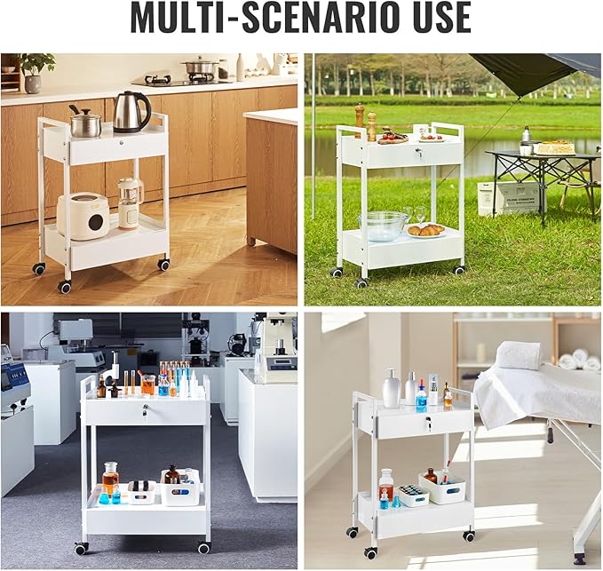 VEVOR Lab Cart, 2 Tiers Stainless Steel Utility Cart, Medical Cart with 2 Drawers, Rolling Lab Cart White Paint, Serving Cart with Swivel Casters for Laboratory, Hospital, Dental, Salon and Beauty