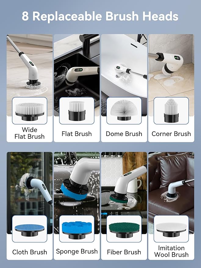 Electric Spin Scrubber - 120Min Cordless Shower Bathroom Cleaner with 8 Brush Heads | 440 RPM Power Scrubber (3-Speed) & Adjustable Extension Handle for Cleaning Bathtub, Tile, Grout