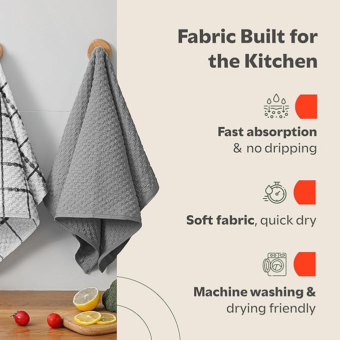 Zeppoli Classic Kitchen Towels - 12 Pack 100% Natural Cotton Kitchen Towel Set, Reusable Wash Cloths, Absorbent Dish Towels, Machine Washable Hand Towels, Kitchen Essentials - 15” by 25” - Gray