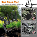 Hoe Garden Tool - 2 in 1 Stirrup Action Hoe & Rake,Heavy Duty Weeding & Cultivating Tool,Adjustable Long Handle (36”-74”),Sharp Carbon Steel Blade for Effortless Gardening