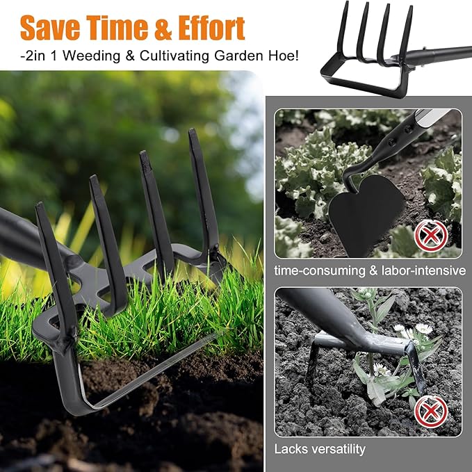 Hoe Garden Tool - 2 in 1 Stirrup Action Hoe & Rake,Heavy Duty Weeding & Cultivating Tool,Adjustable Long Handle (36”-74”),Sharp Carbon Steel Blade for Effortless Gardening