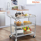 Heavy Duty Utility Cart, 990Lbs Capacity 3 Tier Rolling Carts with Wheels, Kitchen Cart on Wheels with Storage, Commercial Grade Metal Serving Carts with Wire Shelving &Handle Bar, Silver