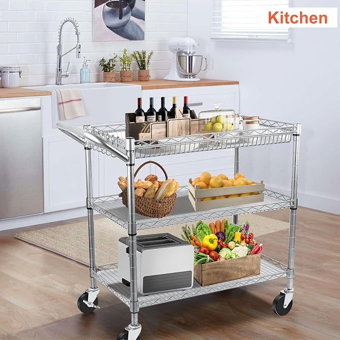 Heavy Duty Utility Cart, 990Lbs Capacity 3 Tier Rolling Carts with Wheels, Kitchen Cart on Wheels with Storage, Commercial Grade Metal Serving Carts with Wire Shelving &Handle Bar, Silver