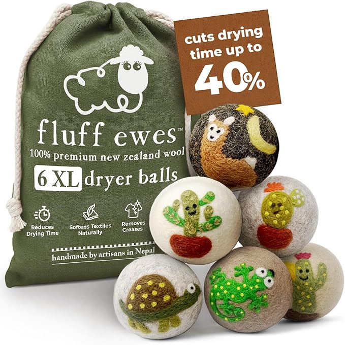 Hustle & Blush Fluff Ewes Wool Dryer Balls 6 Pack - XL Kiss My Cactus Premium New Zealand Laundry Set, Reduces Drying Time, Static Control, Chemical Free, Ideal Holiday Gifts for Women & Men
