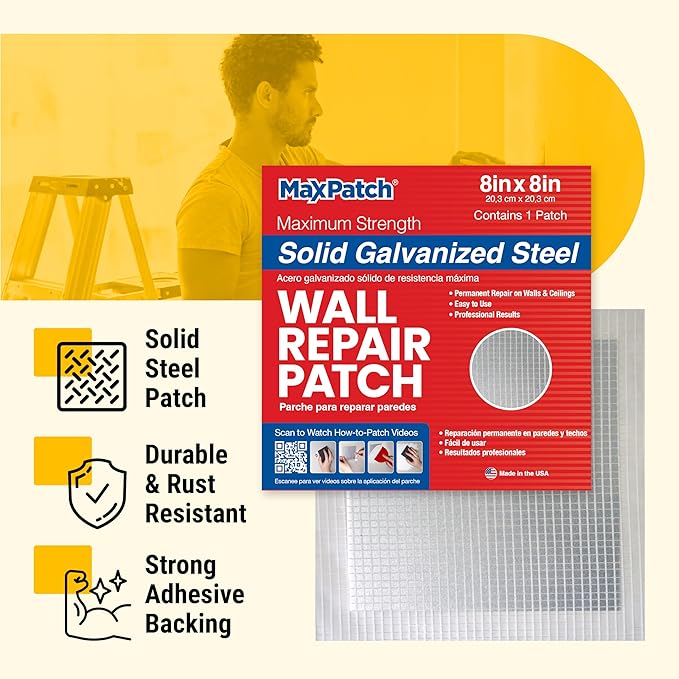 MaxPatch® 4 in. x 4 in. Solid Metal Self-Adhesive Wall Repair Patch (3-Pack) – Durable Galvanized Metal, Easy Application for Drywall, Plaster, and Ceiling Repairs