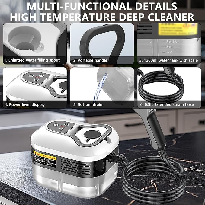 Handheld Steam Cleaner, Portable Steamer for Cleaning with 9pcs Accessories, 6-Level Adjustable Handle, 12s Heat-Up, 1200ml Tank, Steam Cleaner for Home,Dirt,Grout,Tile,Floor,Couch and Car (White)