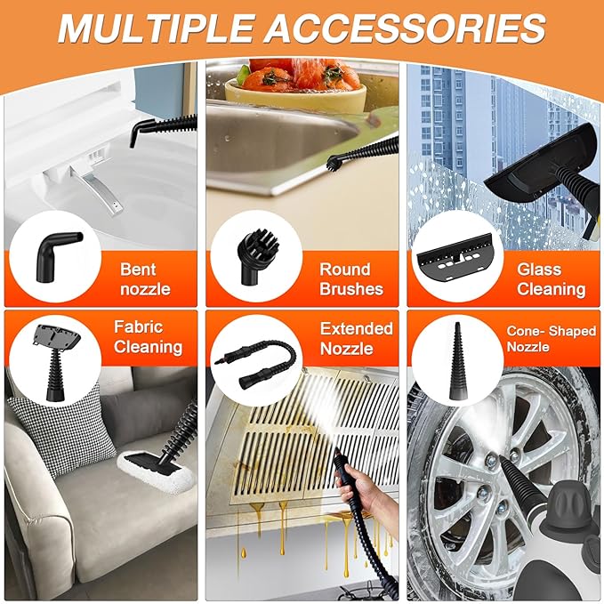 Handheld Steam Cleaner, Pressurized Multi-Purpose Natural Steamer with 12 pcs Accessories, Steamer for Cleaning Car, Bathroom Counter Top, Shower, Upholstery, Couch, Tile Grout, Window, Grease