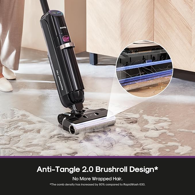 Eureka Cordless Wet Dry Vacuum Cleaner and Mop,170° Reclinable,185°F Hot Air Self-Cleaning Vacuum,Long Run Time,Great for Hard Floors Pet Hair Sticky Messes，RapidWash 730, Purple