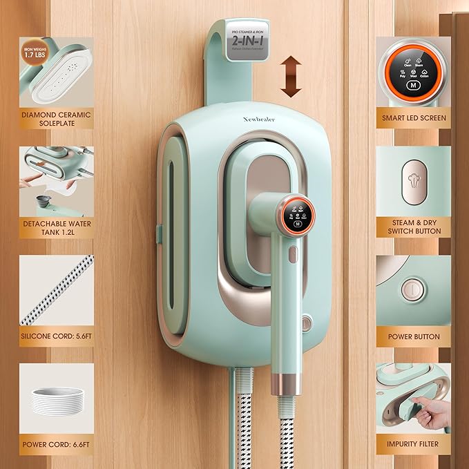 Newbealer 2In1 Pro Steam Station Iron, 1550W Turbo 3-level Steam & 3 Dry Heat Modes for Clothes, 30s Heat Up, 1.2L Detachable Tank, Auto-Off, Self Cleaning, Commercial-Grade for Home & Hotel (Green)