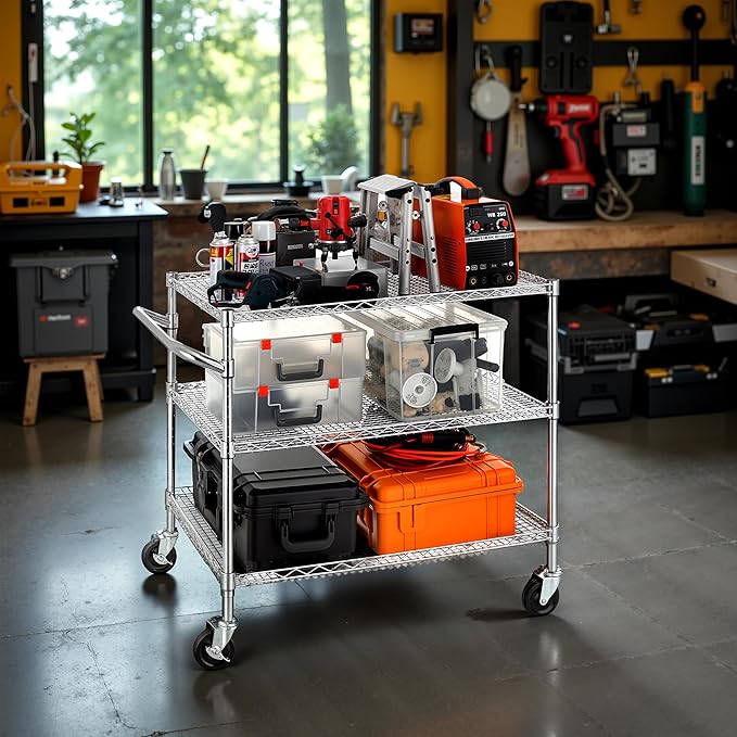 Finnhomy 3 Tier Heavy Duty Commercial Grade Utility Cart, Wire Rolling Cart with Handle Bar, Steel Service Cart with Wheels, Kitchen Carts on Wheels, Metal Cart Shelf Size 24" D x 36" W, NSF, Black