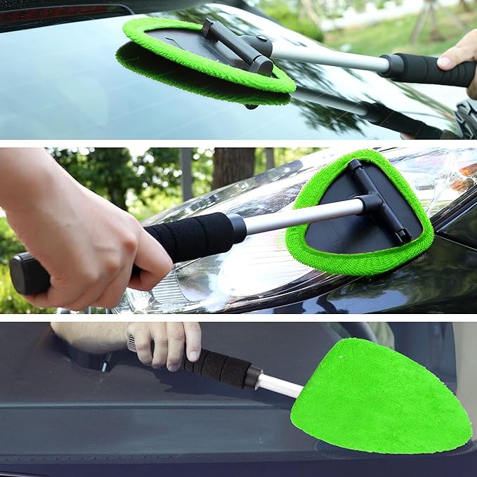 TAKAVU Car Window Cleaning Tool, Windshield Wiper Cleaner with Extendable Long-Reach Handle, 3 Washable Reusable Microfiber Bonnets, Car & Home Inside Interior Exterior Use - Lint Free (Green)
