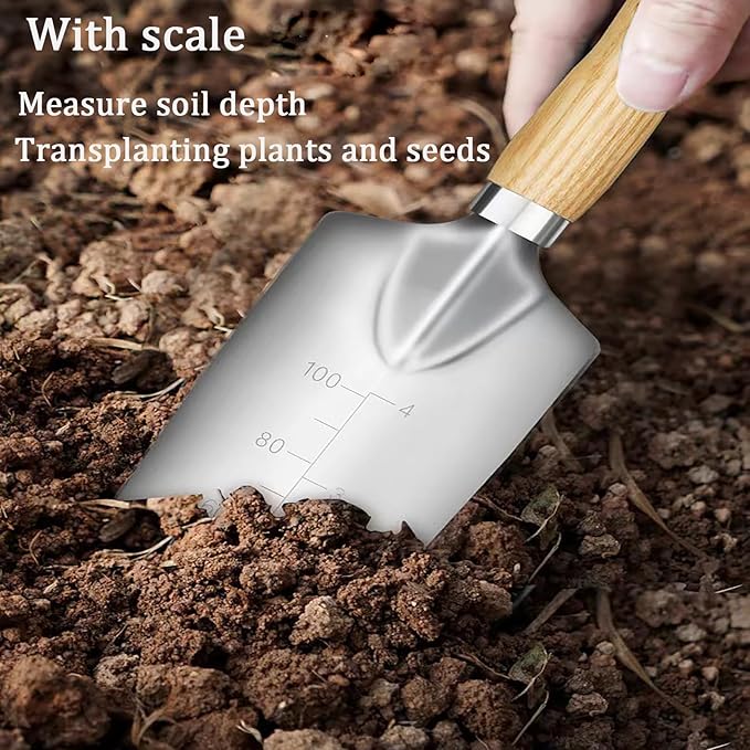 Garden Tool Set, 5 Piece Stainless Steel Gardening Tools with Wooden Handles Hand Tools with Transplanting Hand Shovel, Rake and Root Picker Ideal for Digging and Planting.