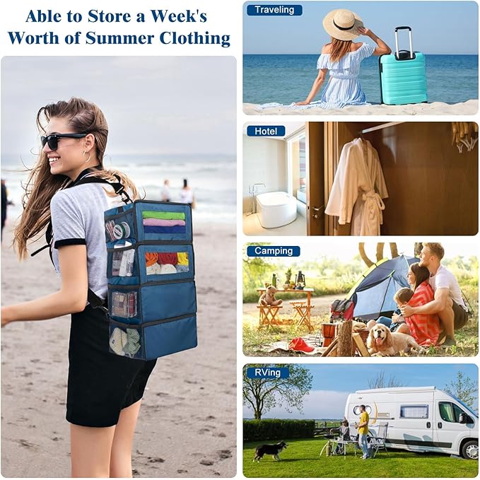 Suitcase Organizer, Carry On Closet Luggage Organizer Accessories - Foldable, Hangable Portable Hanging Travel Shelves With Shoulder Strap, Small, Navy Blue