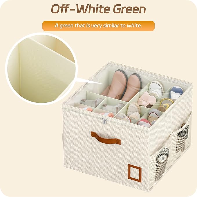 Shoe Organizer for Closet, 2 Pack Foldable Shoe Storage Organizer Box with Adjustable Dividers and Clear Cover, Space Saving Shoe Box with Reinforced Handles, Fits 16-32 Pairs, White+Green