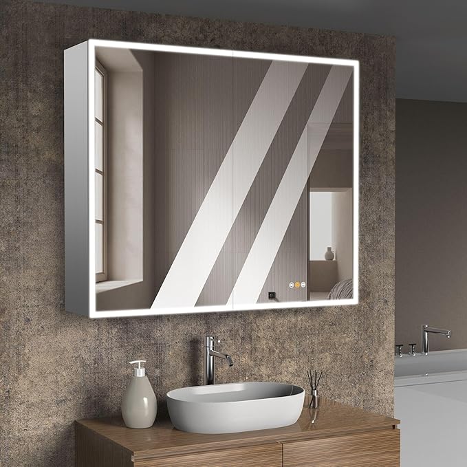 Gray Medicine Cabinets for Bathroom with Mirror, Surface Mounted LED Medicine Cabinets Mirror with Defogger, Dimmer, Outlets & USB, Double Doors, 42”W x 36”H