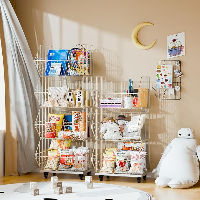 Standing Metal Shelving Unit, Wire Storage Basket with Wheels, Folding Shoe Racks, Clothing Sweaters Shoes Handbags Organizer for Kitchen Garage Pantry Porch (4-Tier with Base)