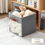 Storage Cube Organizer with Clear Window, Linen Collapsible Storage Boxes with PU Handles, Cube Storage Bins for Shelf, Closet, Cabinet, Bookcase (10.5x10.5x11, Gray)