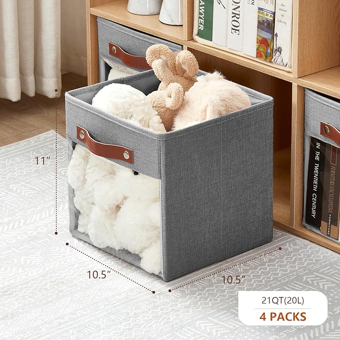Storage Cube Organizer with Clear Window, Linen Collapsible Storage Boxes with PU Handles, Cube Storage Bins for Shelf, Closet, Cabinet, Bookcase (10.5x10.5x11, Gray)
