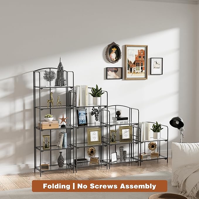 Crofy No Assembly Folding Bookshelf for Living Room, 3 Tier Black Collapsible Book Shelf for Home Office, Portable Bookcase Storage Organizer