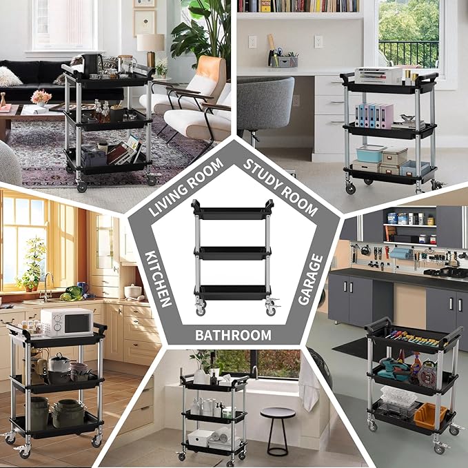 3 Tier Rolling Cart,Plastic Utility Cart with Handle,Rolling Carts with Wheels,Utility Cart with Lockable Casters, Multi-Functional Organizer Cart for Bedroom, Living Room, Kitchen,Office(Black)