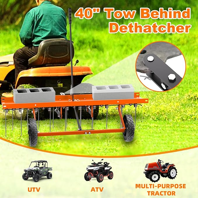 40" Tow Behind Lawn Dethatcher, Pull Behind Rake with 24 Rust-Proof Tines and Heavy Tires, Lawn Tractor Rake with Lift Handle, Tow Behind Rakes to Remove Thatch, Leaves from Large Lawn Area