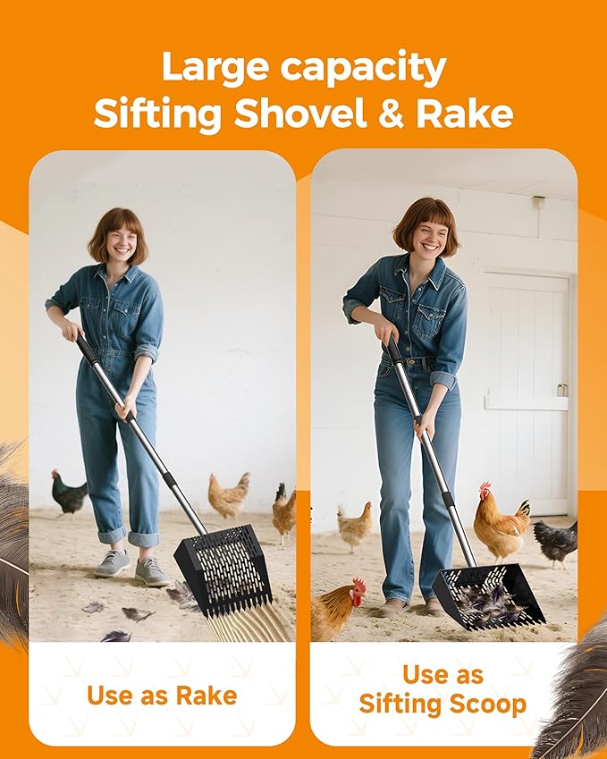 Chicken Poop Scooper with Ergonomic Grip, 4 in 1 Adjustable Chicken Coop Pooper Shovel (24 to 70"), Sifting Litter Shovel Scoop for Chicken Coop/Goat Stall/Stable Cleaning