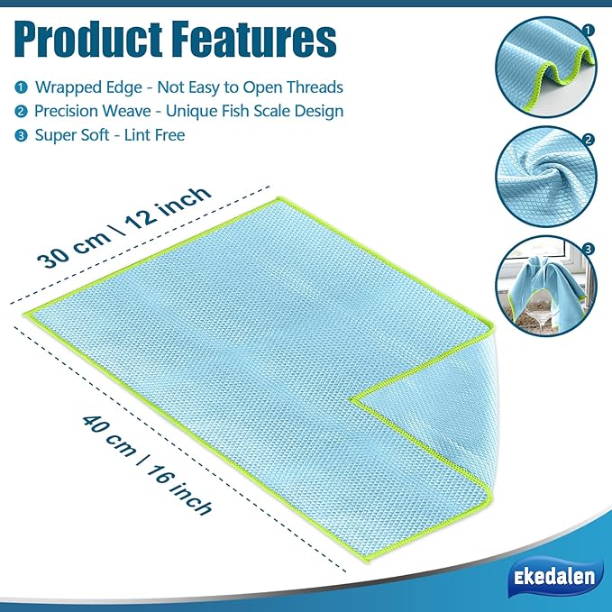 Microfiber Cleaning Cloth Lint Free Glass Cleaner Window Polishing Streak Free Miracle Easy Clean Rag Reusable for Mirror Kitchen Dish Auto Detailing,Pack of 8, 12'' x 16'', Light Blue